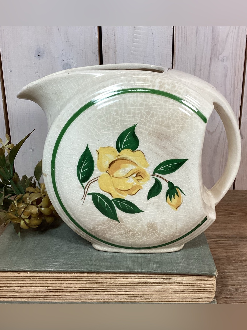 Stained & Crazed Vintage Yellow Rose Disc Pitcher